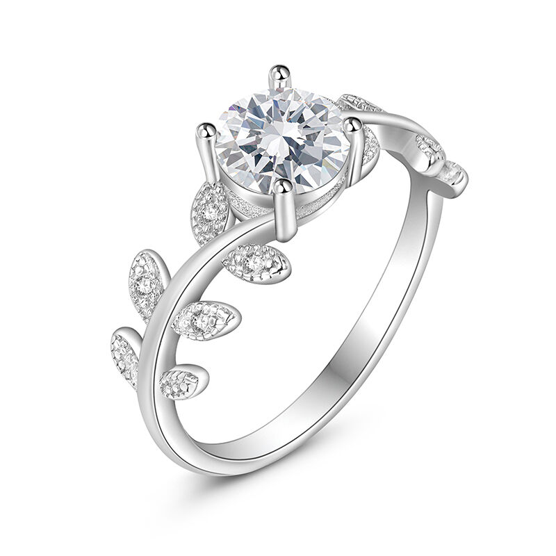 Jeulia Leaf Vine Round Solitaire Engagement Ring Sterling Silver