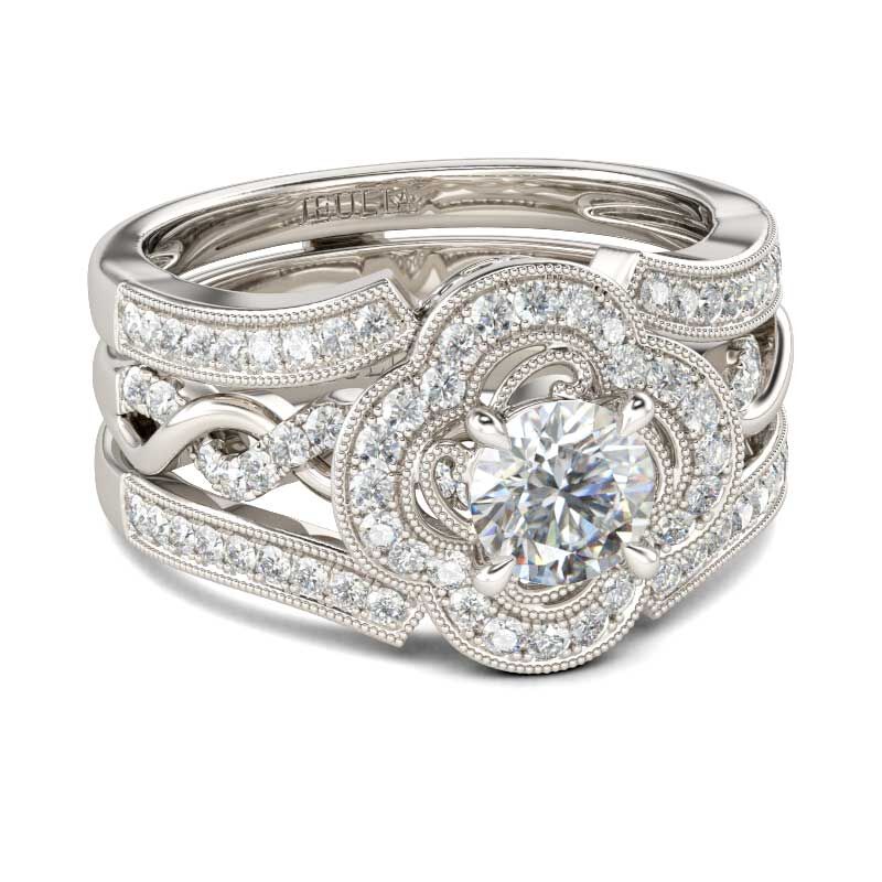 Jeulia Conjunto De Anillos Intercambiables Torcidos Con Halo De Talla Redonda En Plata De Ley