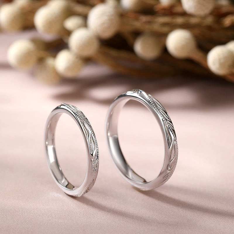 Jeulia "Always & Forever" Unique Leaf Carved Sterling Silver Couple Rings