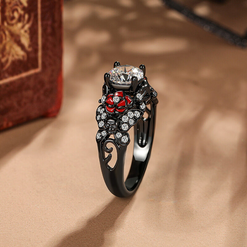 Jeulia Bague Crâne Noir Rose et Papillon en Argent Sterling