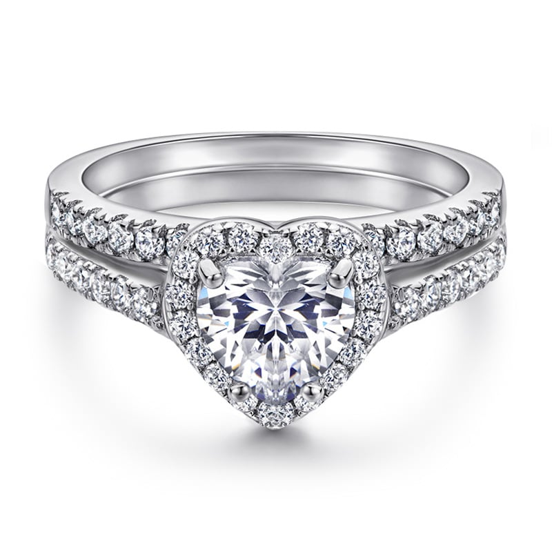 Jeulia Classic Halo Heart Cut Sterling Silver Ring Set