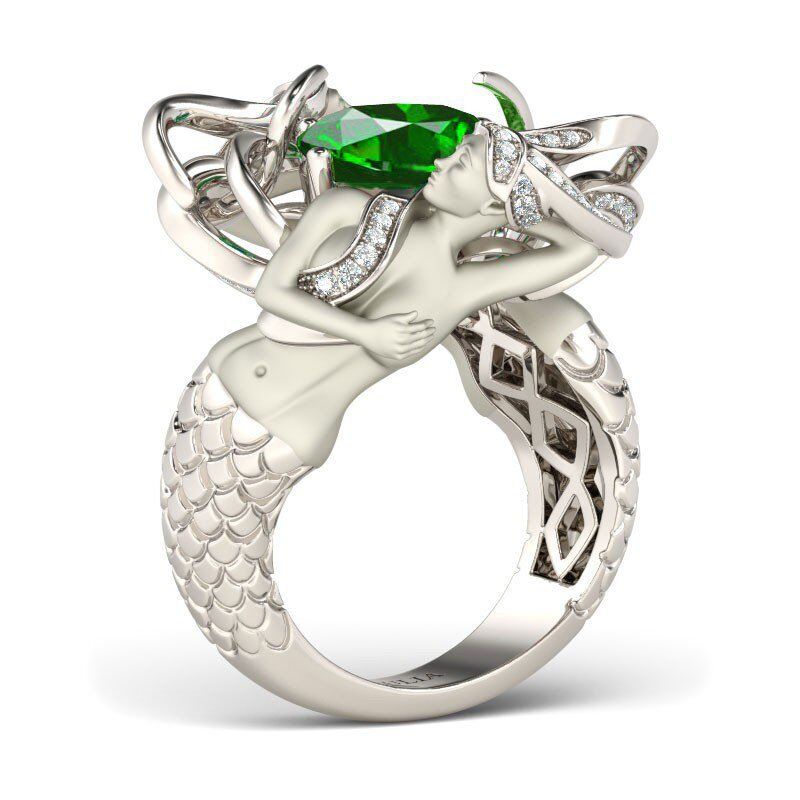Jeulia Green Cushion Cut Created Emerald Mermaid Ring
