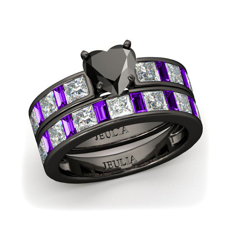Conjunto De Anillos De Talla Cordiforme Con Tono Negro De Jeulia En Plata De Ley