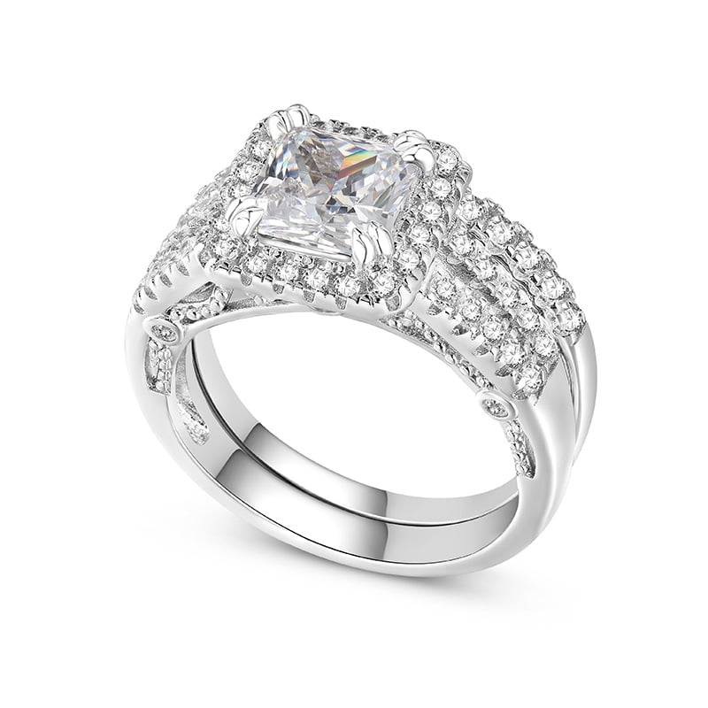 Jeulia Vintage Milgrain Emerald Cut Sterling Silver Ring Set