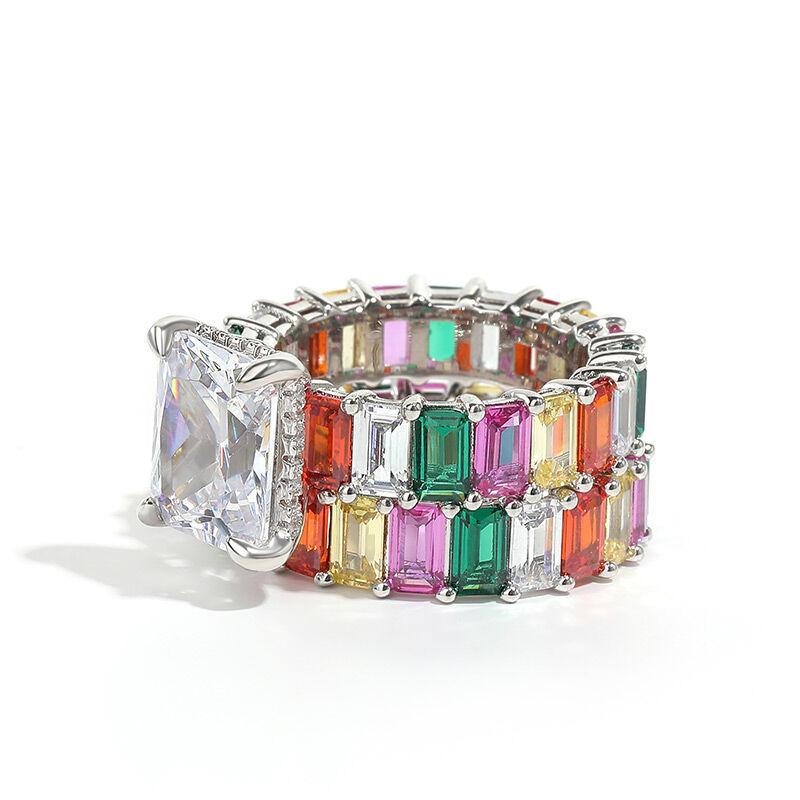 Jeulia "Blazing with Color" Radiant Cut Sterling Silver Ring Set