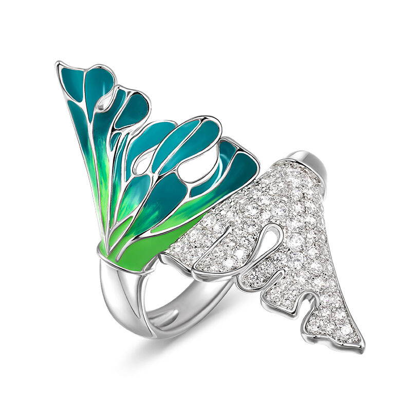 Jeulia "Enduring Beauty" Two Big Leaf Enamel Sterling Silver Ring