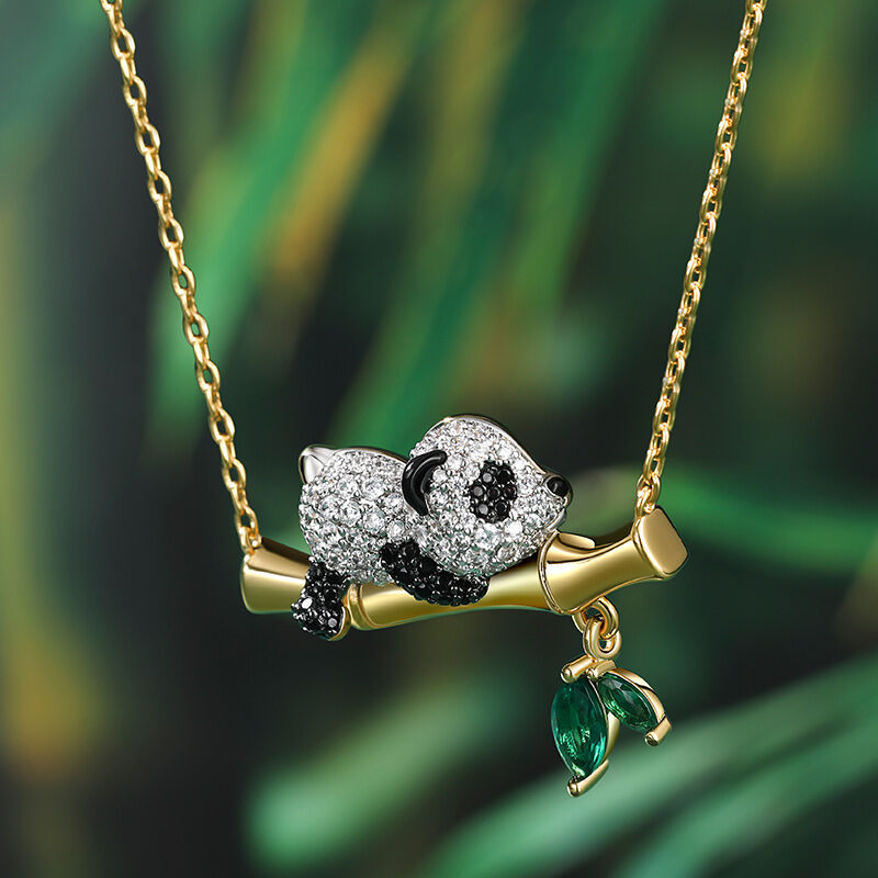 Jeulia " Fauler Mann" Panda mit Bambus Sterling Silber Halskette