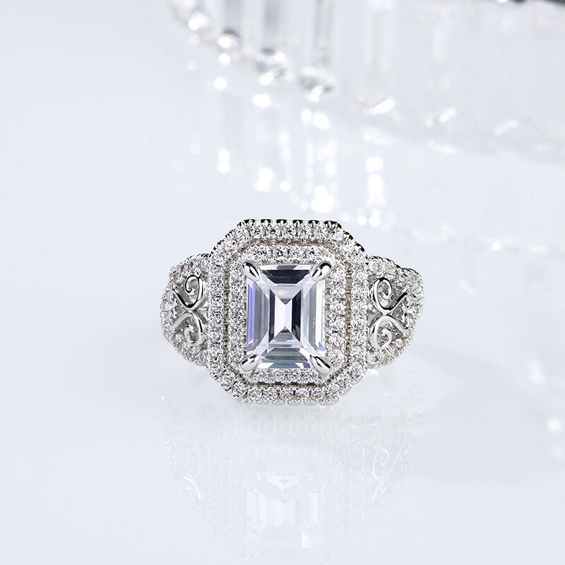 Jeulia Double Halo Emerald Cut Sterling Silver Ring