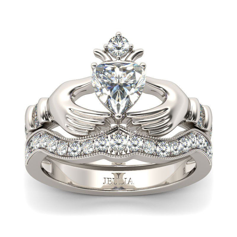 Jeulia Simple Crown Claddagh Sterling Silver Ring Set