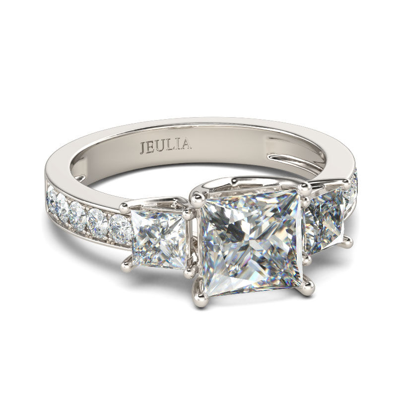 Jeulia Simple Three Stone Princess Cut Sterling Silver Ring
