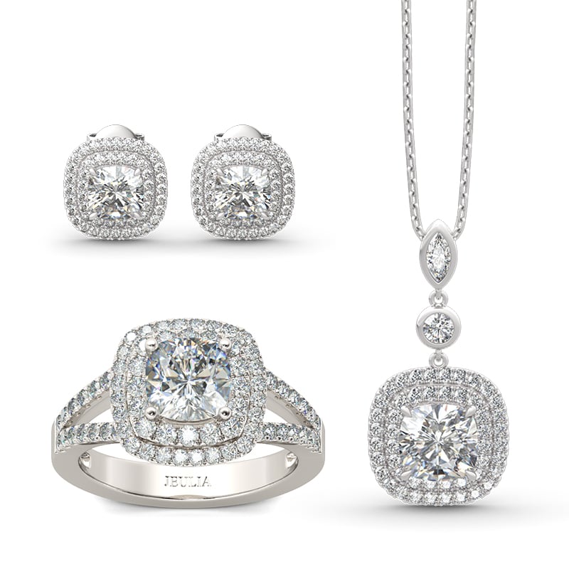 Jeulia Double Halo Cushion Cut Sterling Silver Jewelry Set