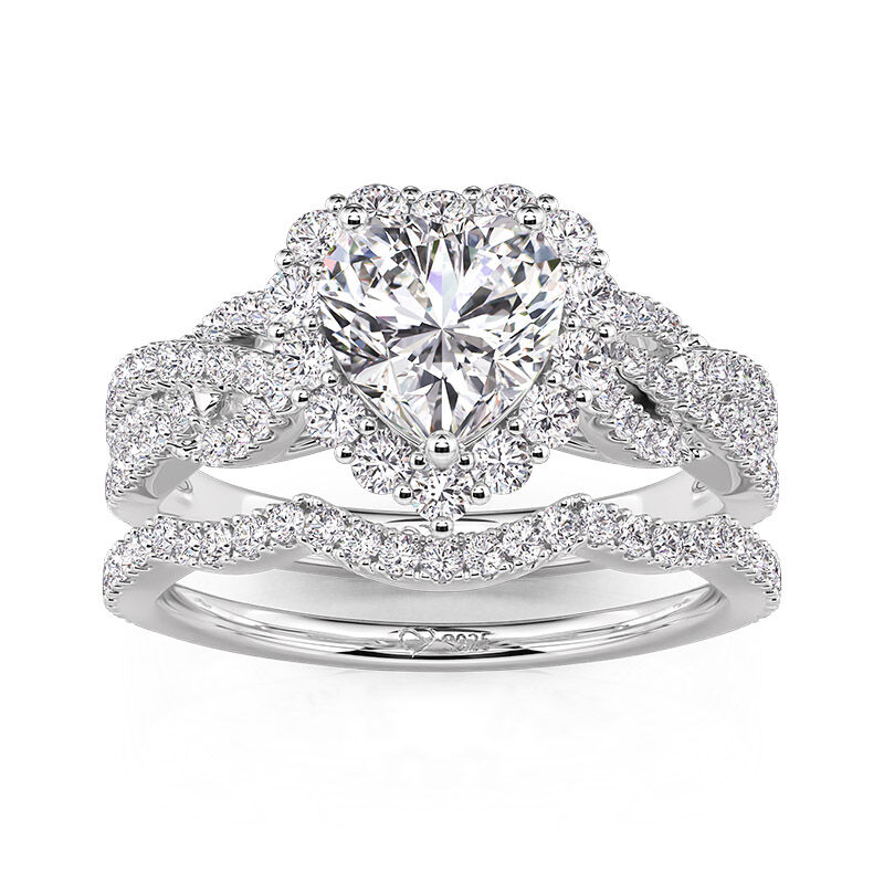 Jeulia Juego de Anillo de Boda Corte de Corazón con Halo Vintage Trenzado en Plata Esterlina