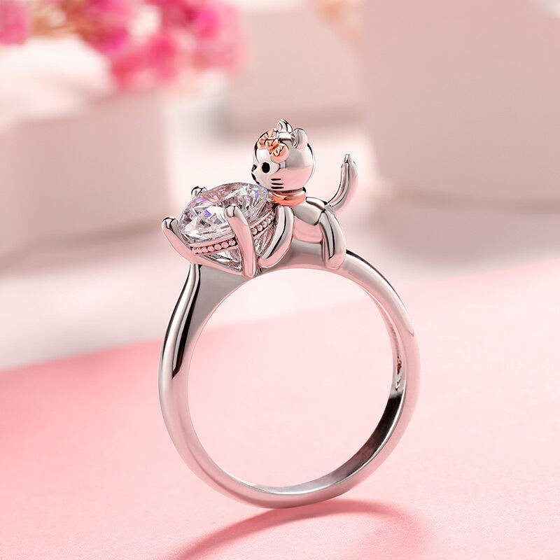 Jeulia Hug Me "Balloon Cat" Round Cut Sterling Silver Ring