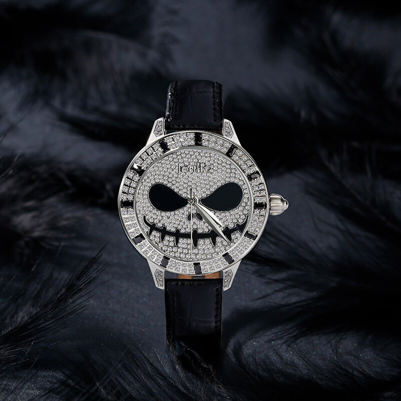 Jeulia "Demon of Light" Skull Design Quartz Black Leather Women's Watch