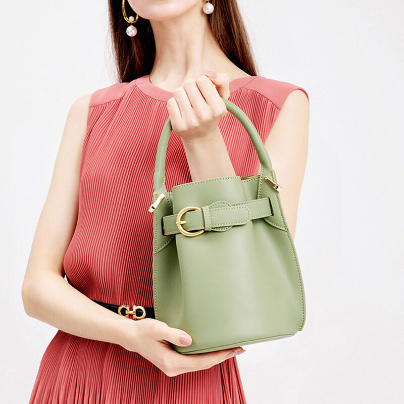 Jeulia Timeless Bucket Bag Green Satin Calfskin Leather Handbag with Belt