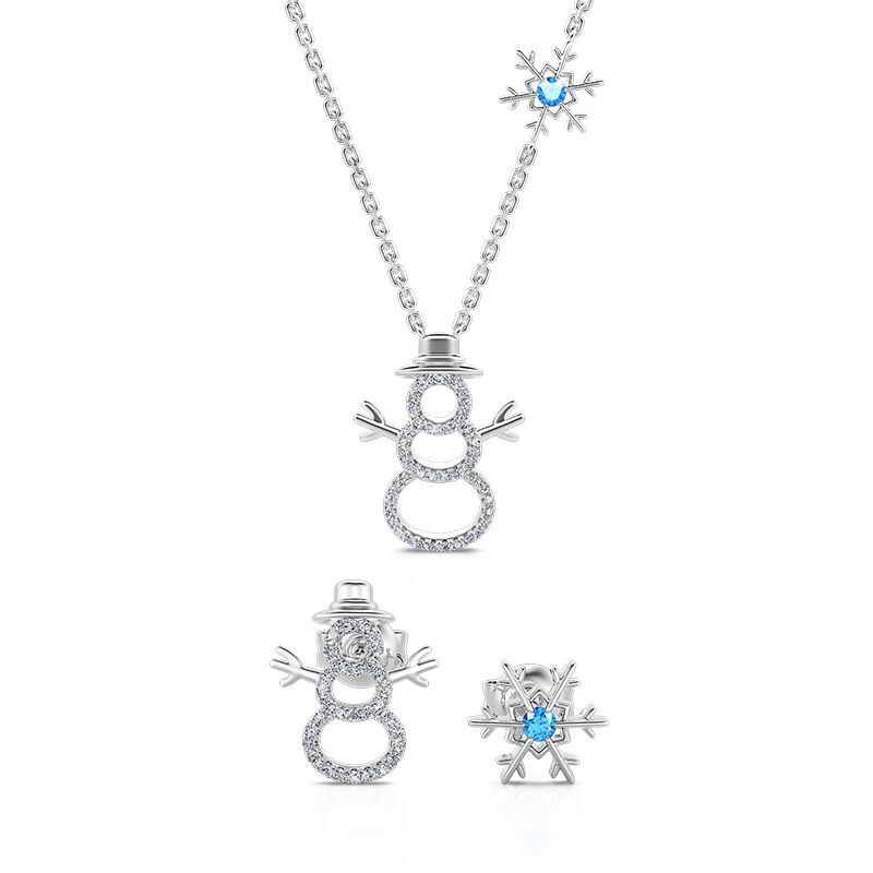 Jeulia Conjunto de joyas de Navidad con diseño de muñeco y copo de nieve de plata de ley