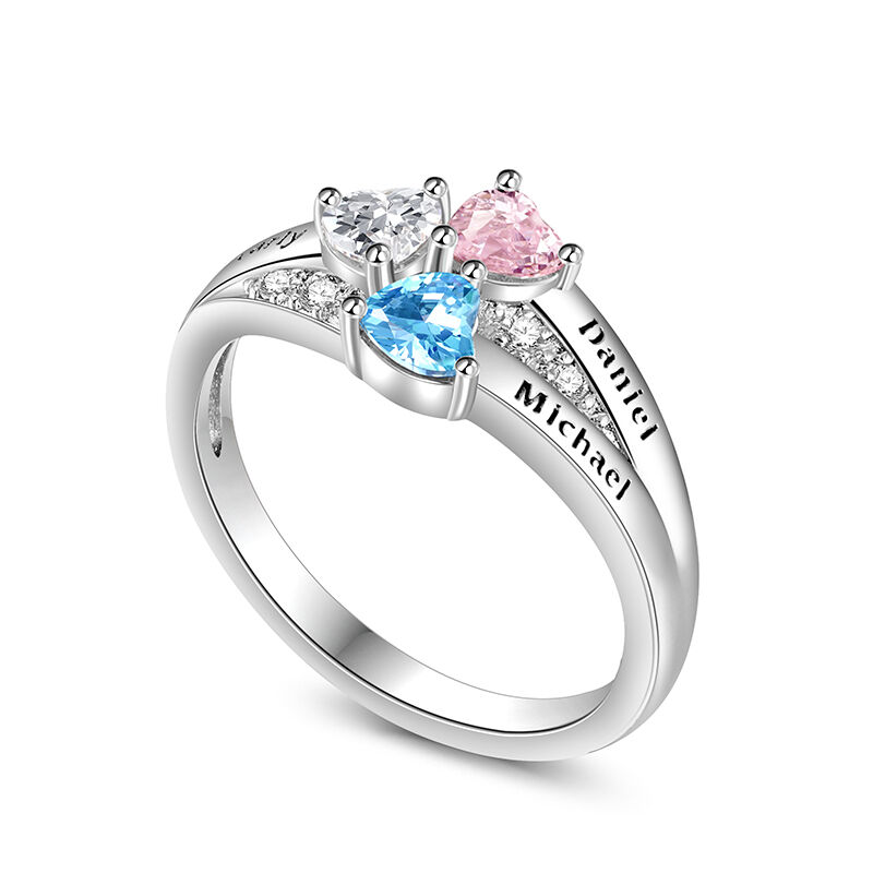 Jeulia Custom Name Three Heart Birthstone Ring Sterling Silver