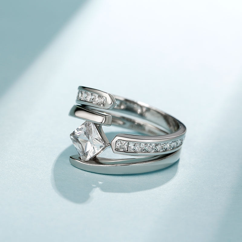 Jeulia Bypass Princess Cut Sterling Silver Ring Set