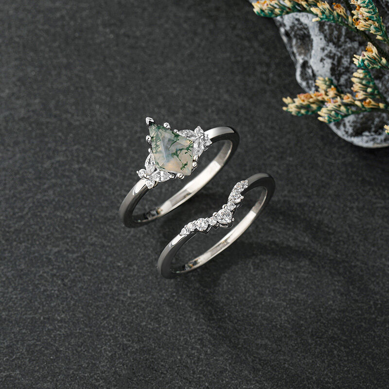 Jeulia Unique Moss Agate Engagement Ring Set Sterling Silver