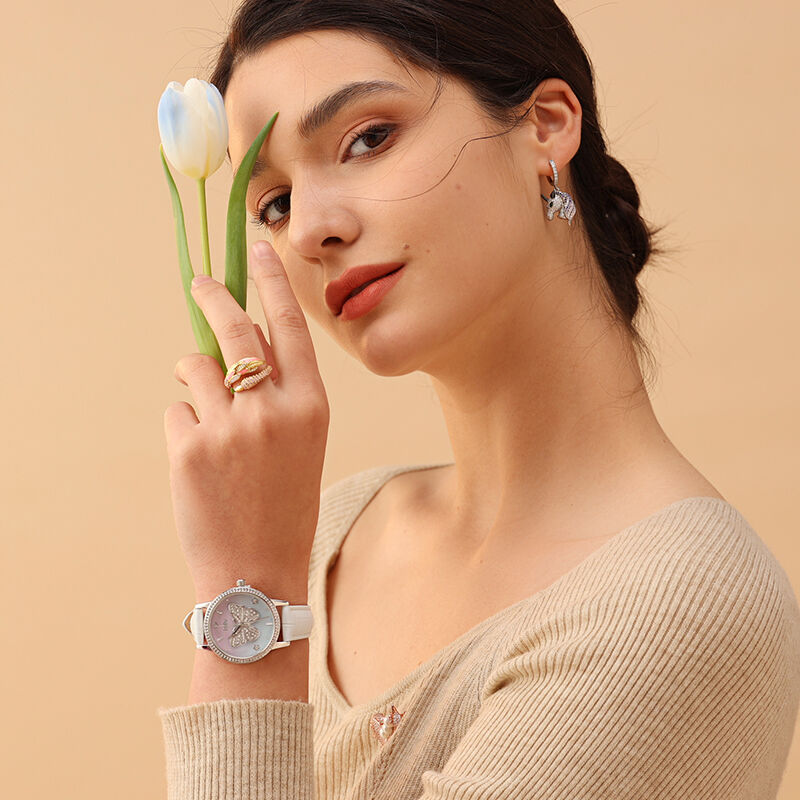 Jeulia " Arc-en-ciel de rêve " Montre avec Cadran Ombre Motif de Papillon Quartz Cuir Blanc