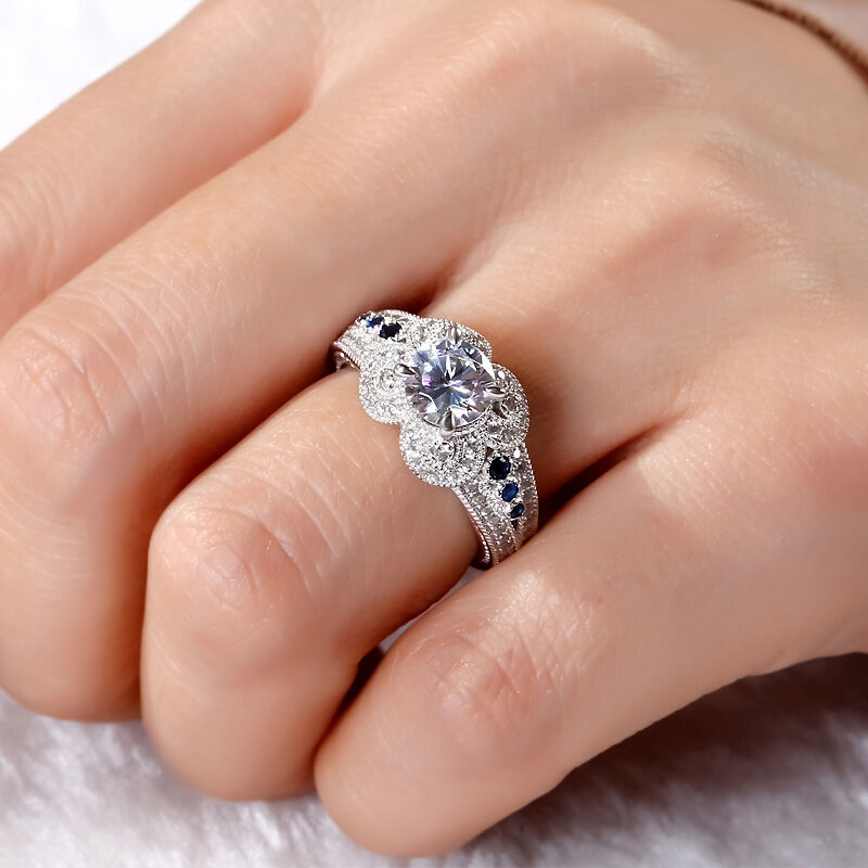 Jeulia Milgrain Flower Design Round Cut Sterling Silver Ring