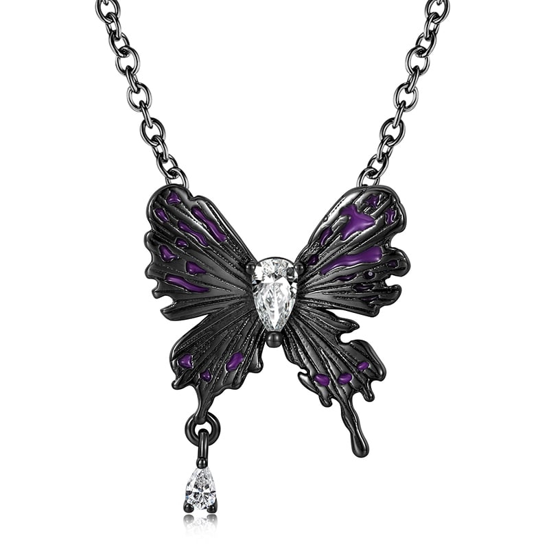 Jeulia "Night Wings" Dark Black Butterfly Pear Cut Sterling Silver Necklace