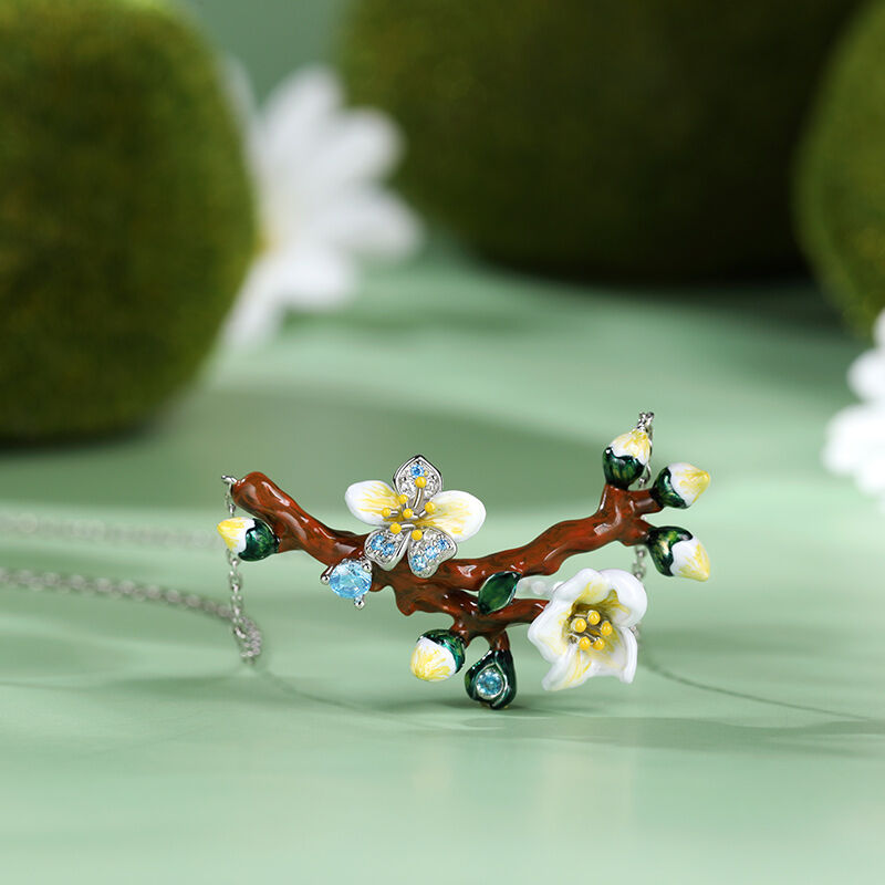 Jeulia "Almond Blossoms" Enamel Sterling Silver Necklace