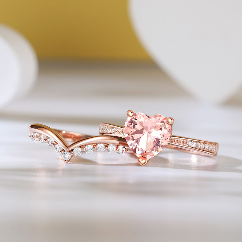 Jeulia "Ethereal Elegance" Heart Cut Synthetic Morganite Sterling Silver Ring Set