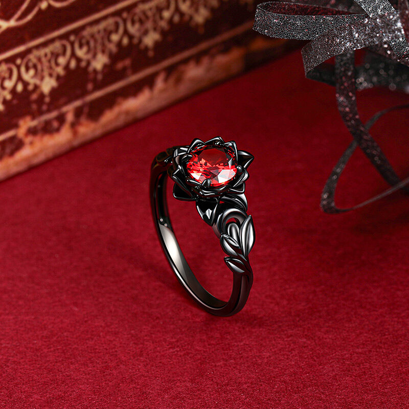 Jeulia Anillo Gótico Floral Negro Corte Redondo de Plata de Ley