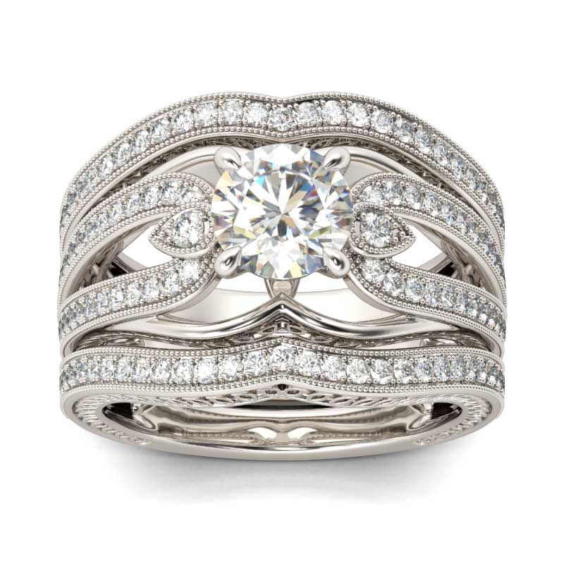 Jeulia Terno De Anillos Vintage Milgrain De Talla Redonda En Plata De Ley