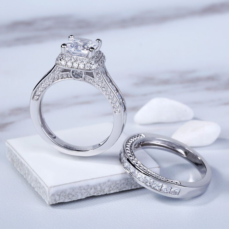 Jeulia Double Halo Princess Cut Sterling Silver Ring Set