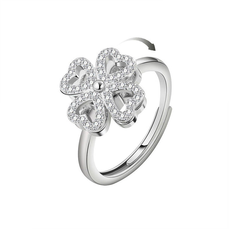 Jeulia Four-leaf Clover Rotating Soothe Sterling Silver Adjustable Open Ring