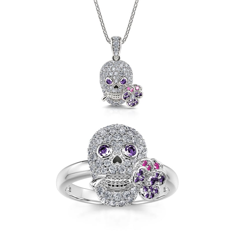 Jeulia "Forever Romance" Skull and Flower Sterling Silver Jewelry Set