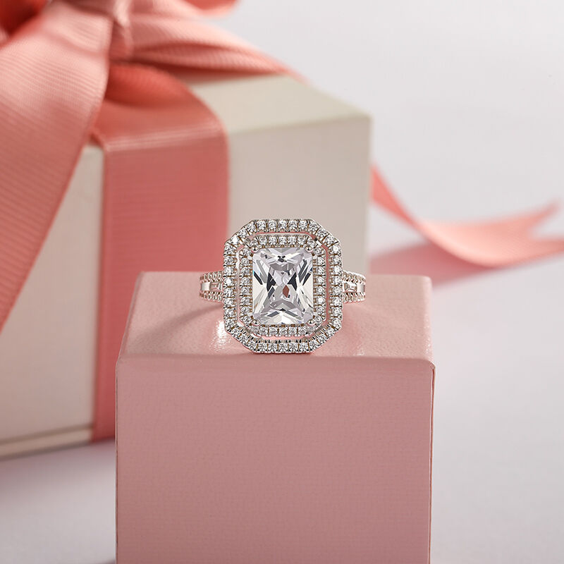 Jeulia Anillo de Compromiso con Doble Halo Hueco de Plata de Ley