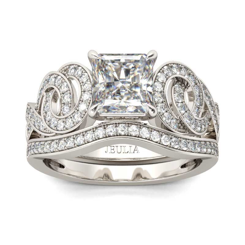 Jeulia Interlocking Princess Cut Sterling Silver Ring Set