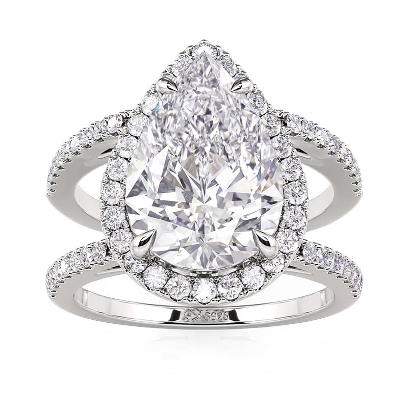 Jeulia Luxurious Halo Pear Cut Engagement Ring Two Band Sterling Silver