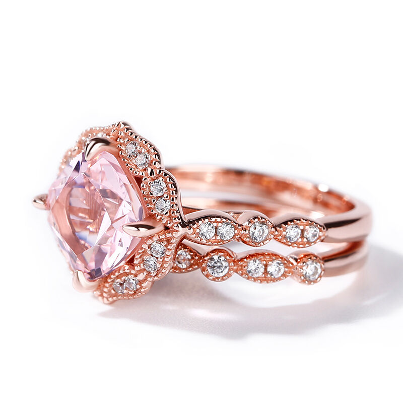 Jeulia Floral Halo Cushion Cut Synthetic Morganite Sterling Silver Ring Set