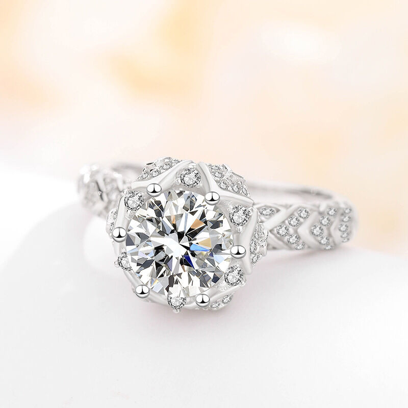 Jeulia Round Flower Engagement Ring Pave Sterling Silver