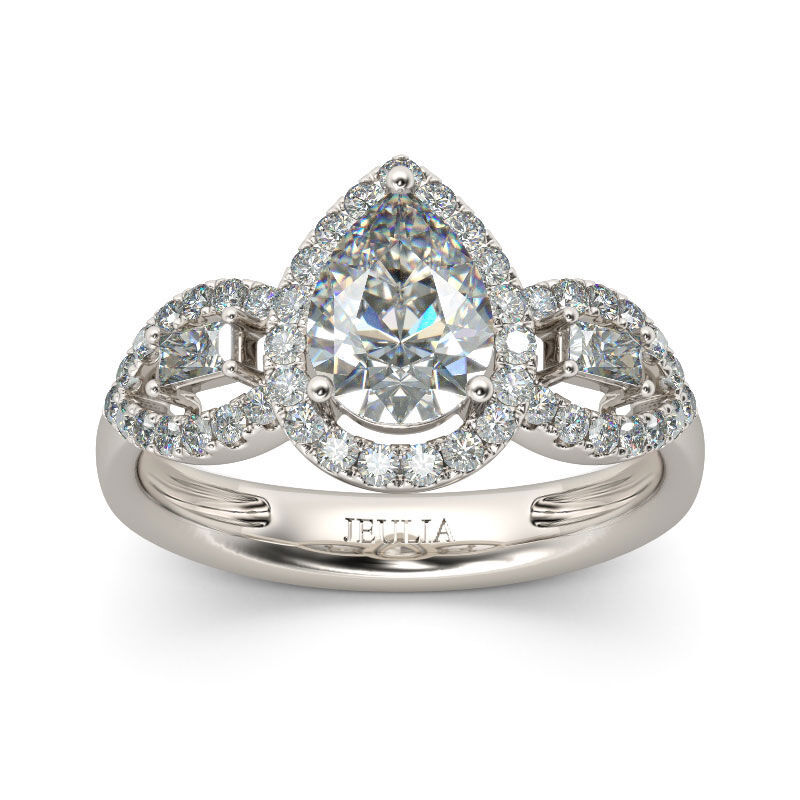 Jeulia Halo Three Stone Pear Cut Sterling Silver Ring