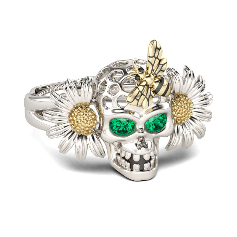 جوليا خاتم جمجمة بقطع دائري من الفضة الإسترليني مع زهرة اللؤلؤ و نحلة