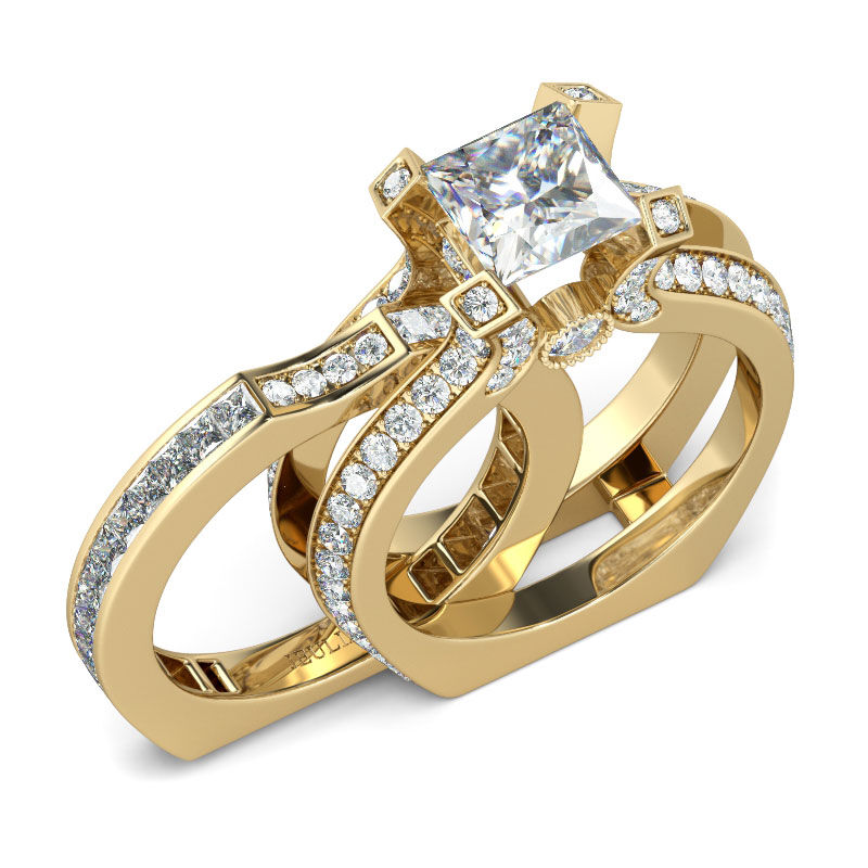 Jeulia Interchangeable Gold Tone Princess Cut Sterling Silver Ring Set