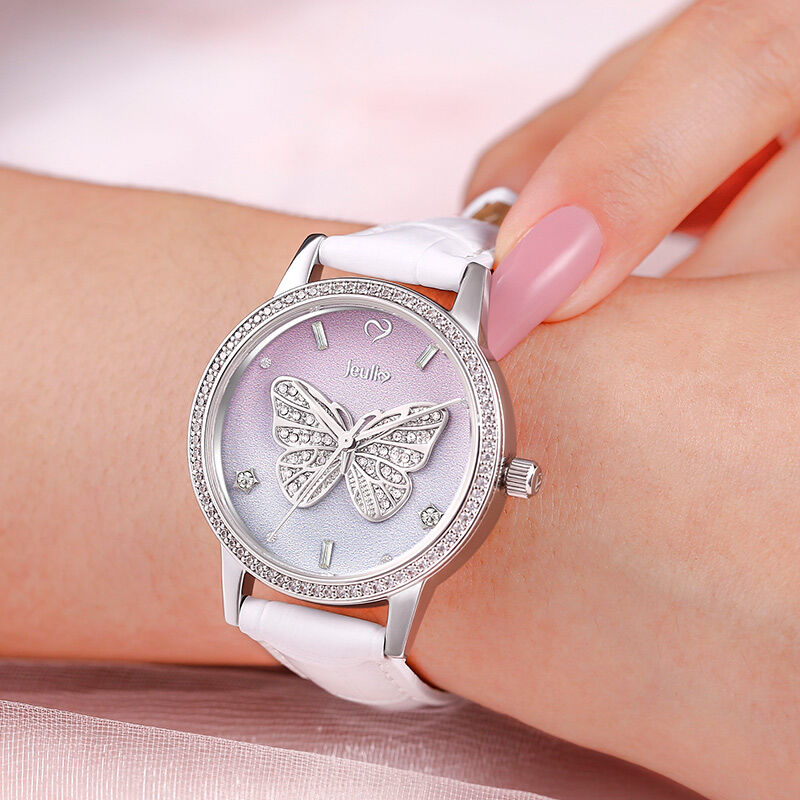 Jeulia "Dreamy Rainbow" Butterfly Design Quartz White Leather Watch with Ombre Dial