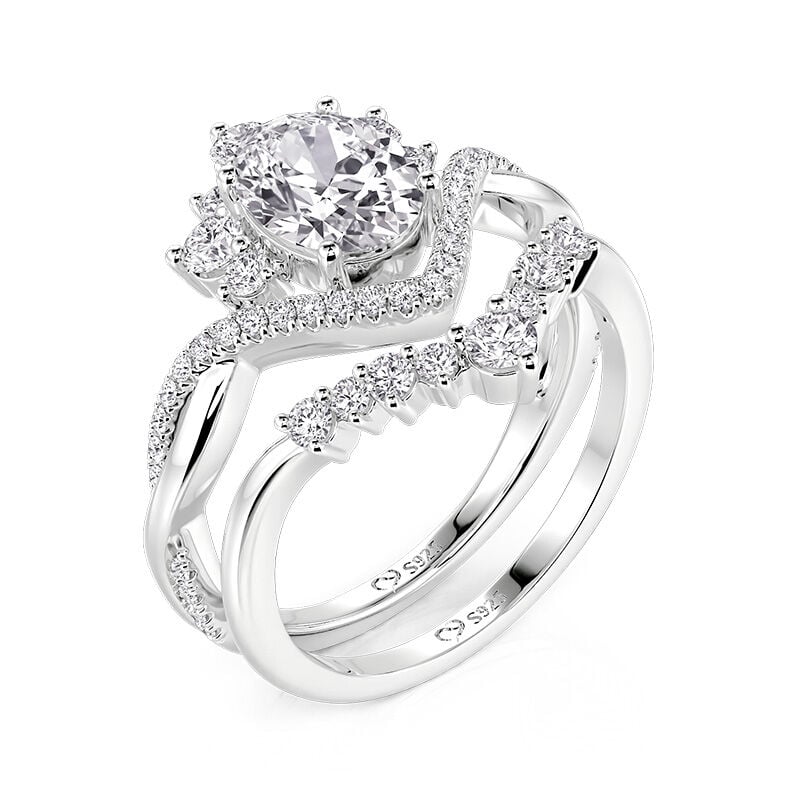 Jeulia Twisted Oval Halo Bridal Ring Set with Cluster Enhancer