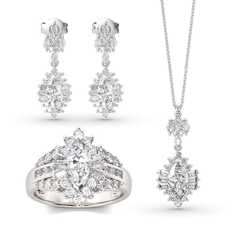 Jeulia Dazzling Halo Marquise Cut Sterling Silver Jewelry Set
