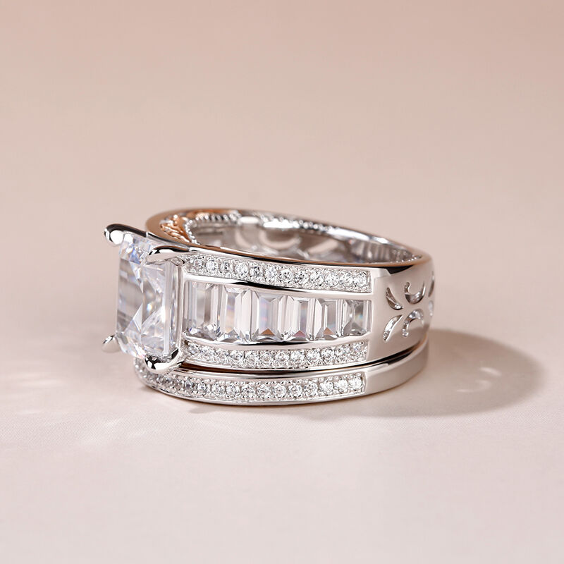 Jeulia Emerald Cut Sterling Silver Ring Set
