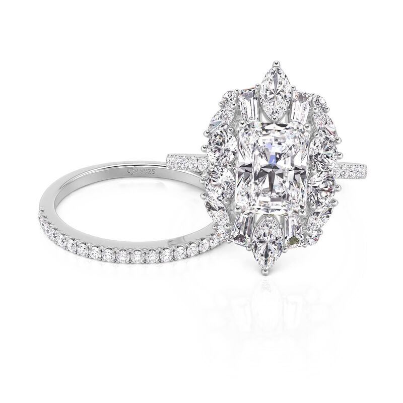 Jeulia Vintage Halo Engagement Ring Set Sterling Silver 2PCS