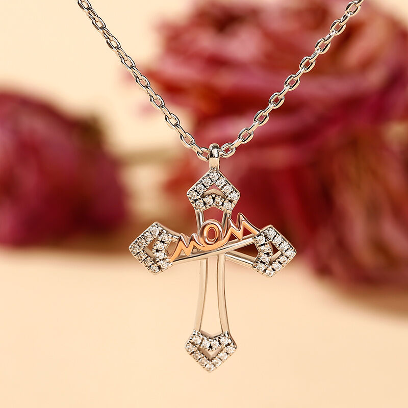 Jeulia "Mom Bless You" Mom Cross Sterling Silver Necklace