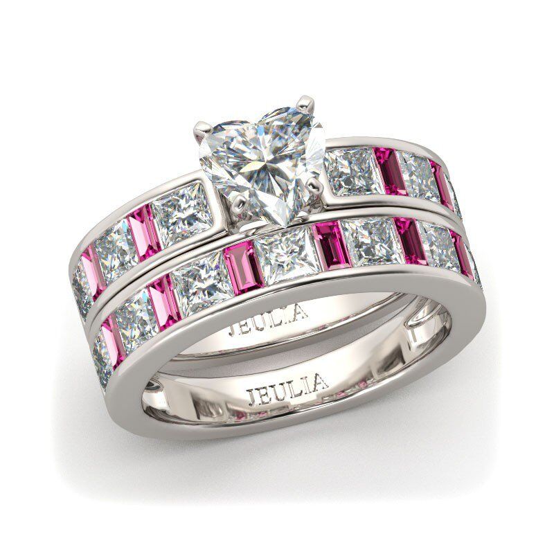 Conjunto De Anillos De Talla Cordiforme De Jeulia En Plata De Ley