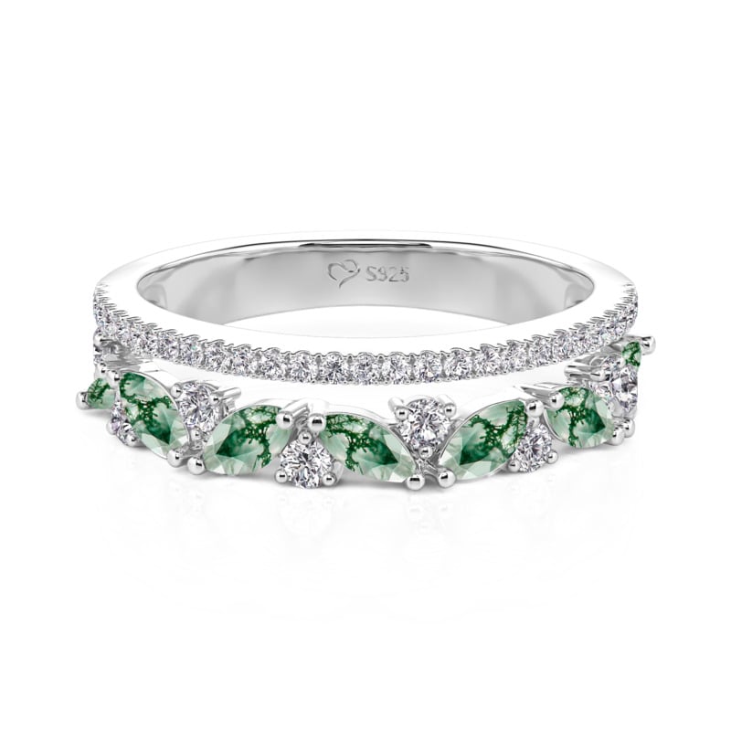 Jeulia Double Row Marquise Cut Moss Agate Ring for Women