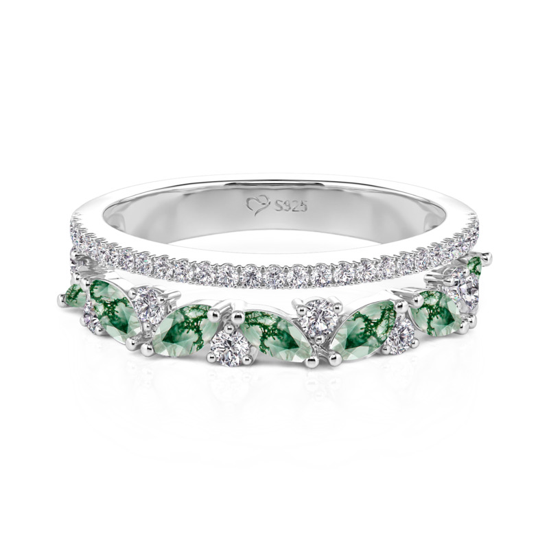 Jeulia Double Row Marquise Cut Moss Agate Ring for Women
